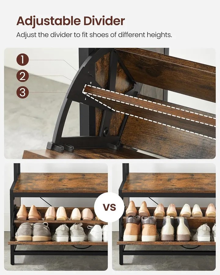 Fogas cipőtárolóval, előszobafal padokkal, 85x30x180cm, rusztikus barna és fekete