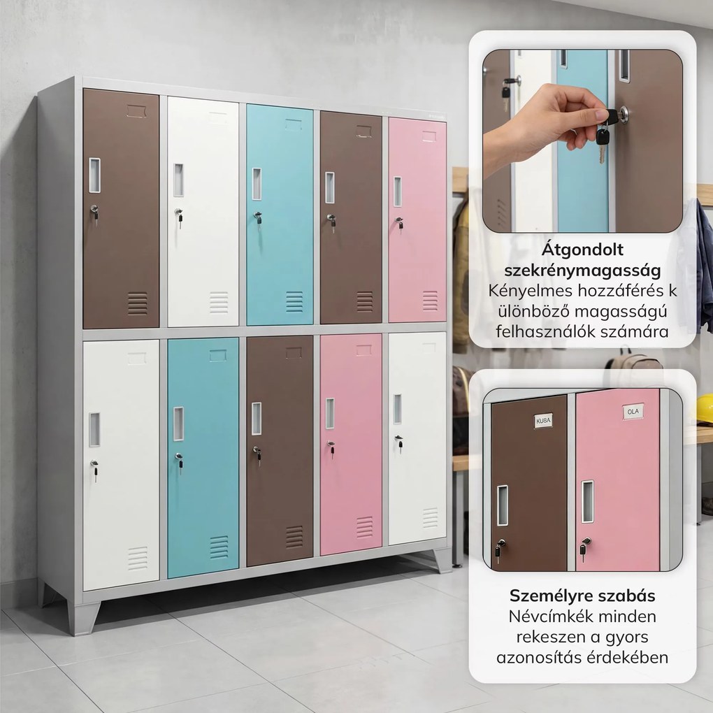 BOZP öltözőszekrény 10 ajtós szürke-pasztell: BARTEK 1360 x 1720 x 450 mm