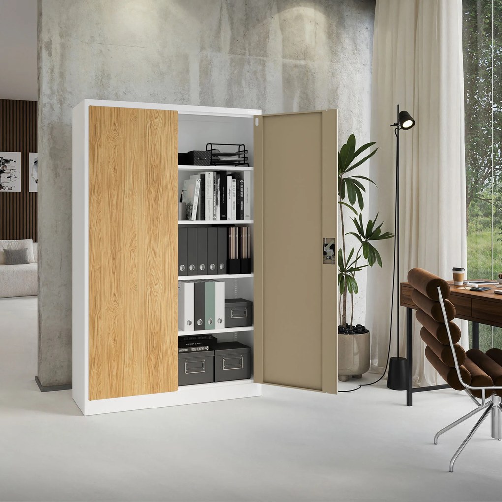 Fém irodai iratszekrény, széles, fehér/arany tölgy, 1150x1850x400 mm: JAN II Eco Design