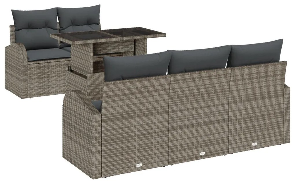 6 Darabos Kerti Kanapé Készlet Párnákkal Szürke Poly Rattan, 2-Fős Kerti Kanapé Tárolóval és Párnákkal Szürke Poly Rattan