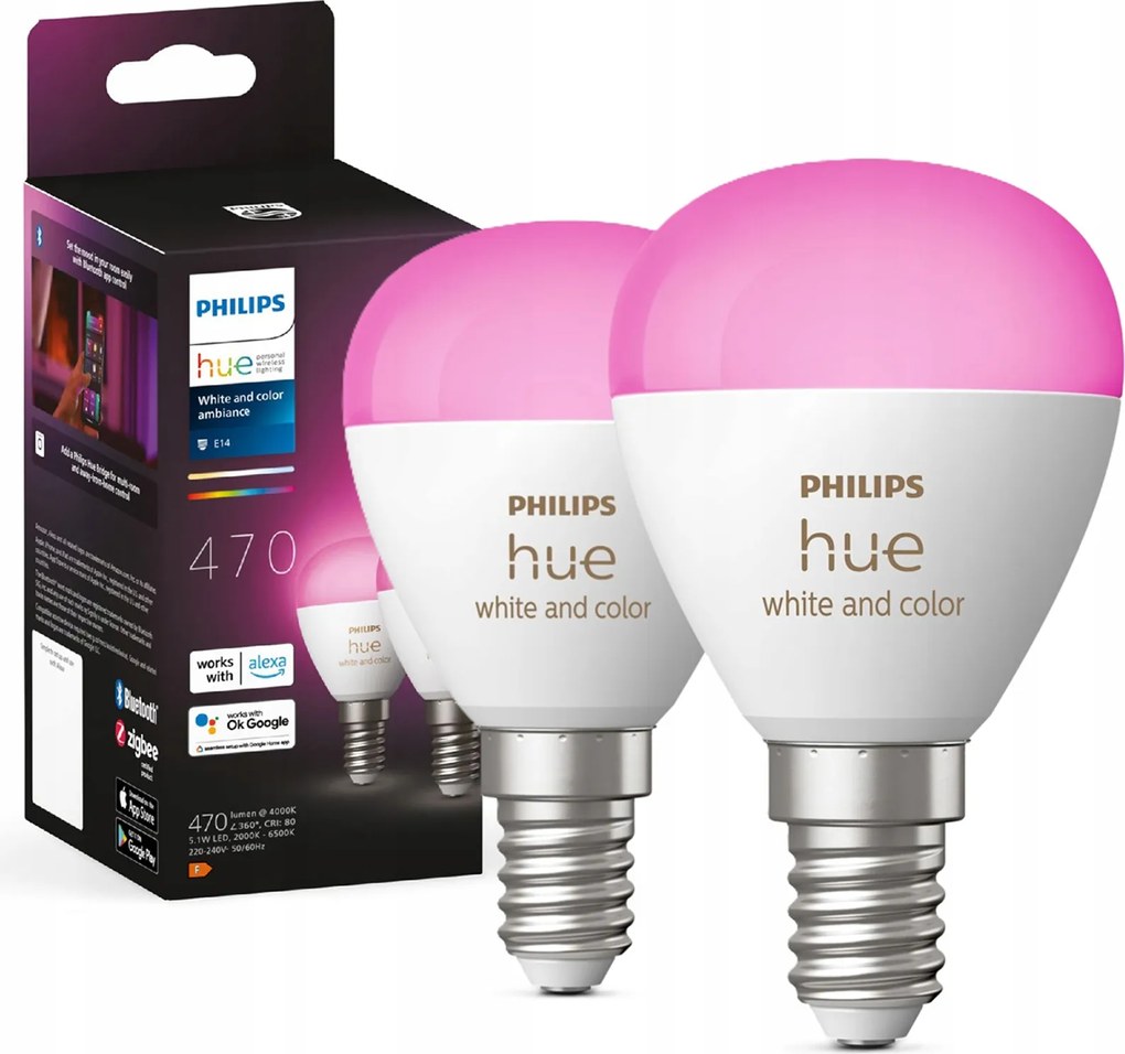2x Led izzó E14 P45 5,1W 470lm 2000 6500K Tw Rgb Smart Philips Hue