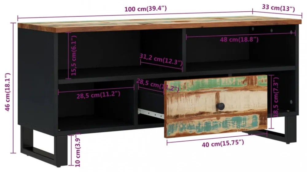 tömör újrahasznosított és szerelt fa TV-szekrény 100x33x46 cm