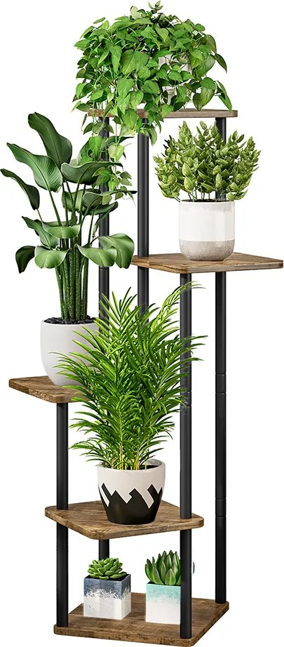 ADITE 5 polcos virágállvány fémvázzal, 30 x 30 x 106,5 cm, rusztikus fa/fekete