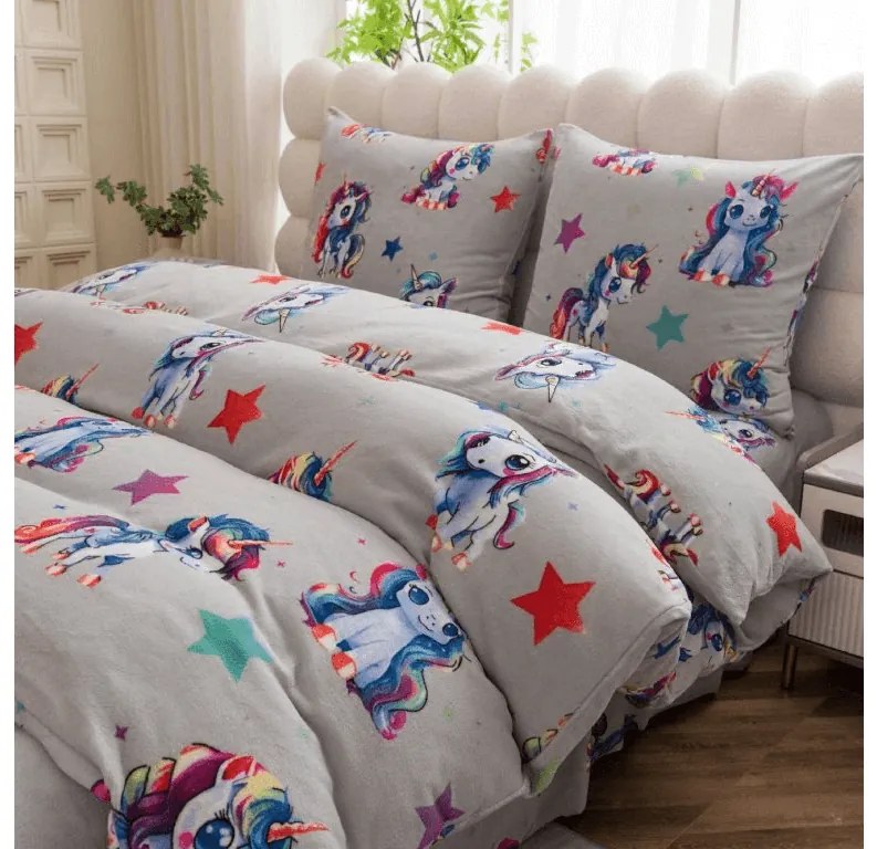 Mikroplüss ágyneműhuzat CUTE UNICORN szürke Ágyneműhuzat mérete: 70 x 80 cm | 140 x 200 cm