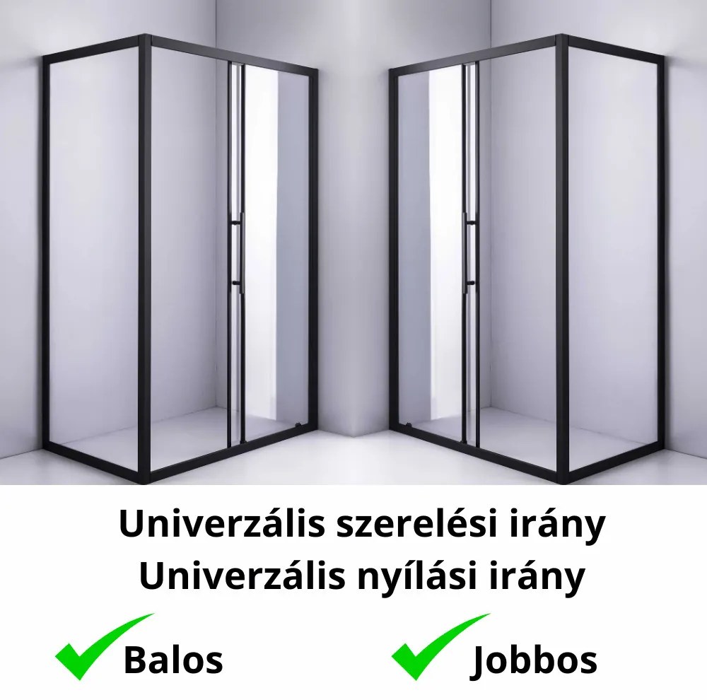 Stuxi Nizza Black 100x90 aszimmetrikus szögletes tolóajtós zuhanykabin 6 mm vízlepergető biztonsági üveggel, fekete elemekkel, 200 cm magas