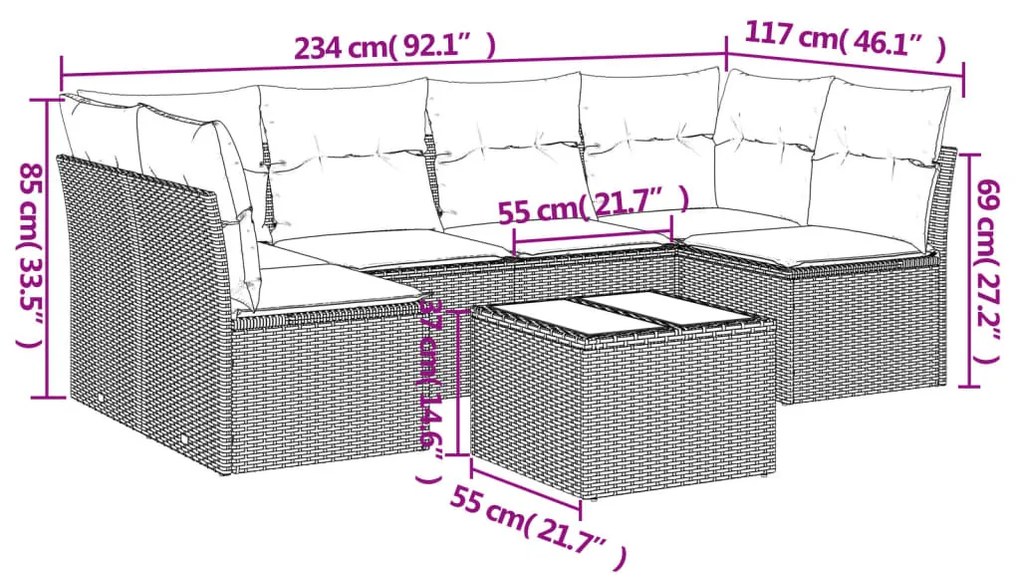 7 részes fekete polyrattan kerti ülőgarnitúra párnával