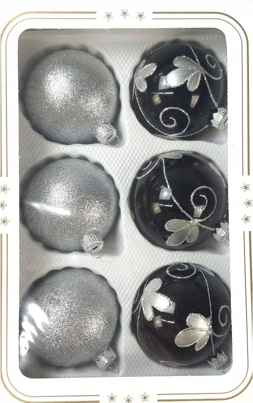 Karácsonyfadísz fekete-ezüst üveg 8 db-os