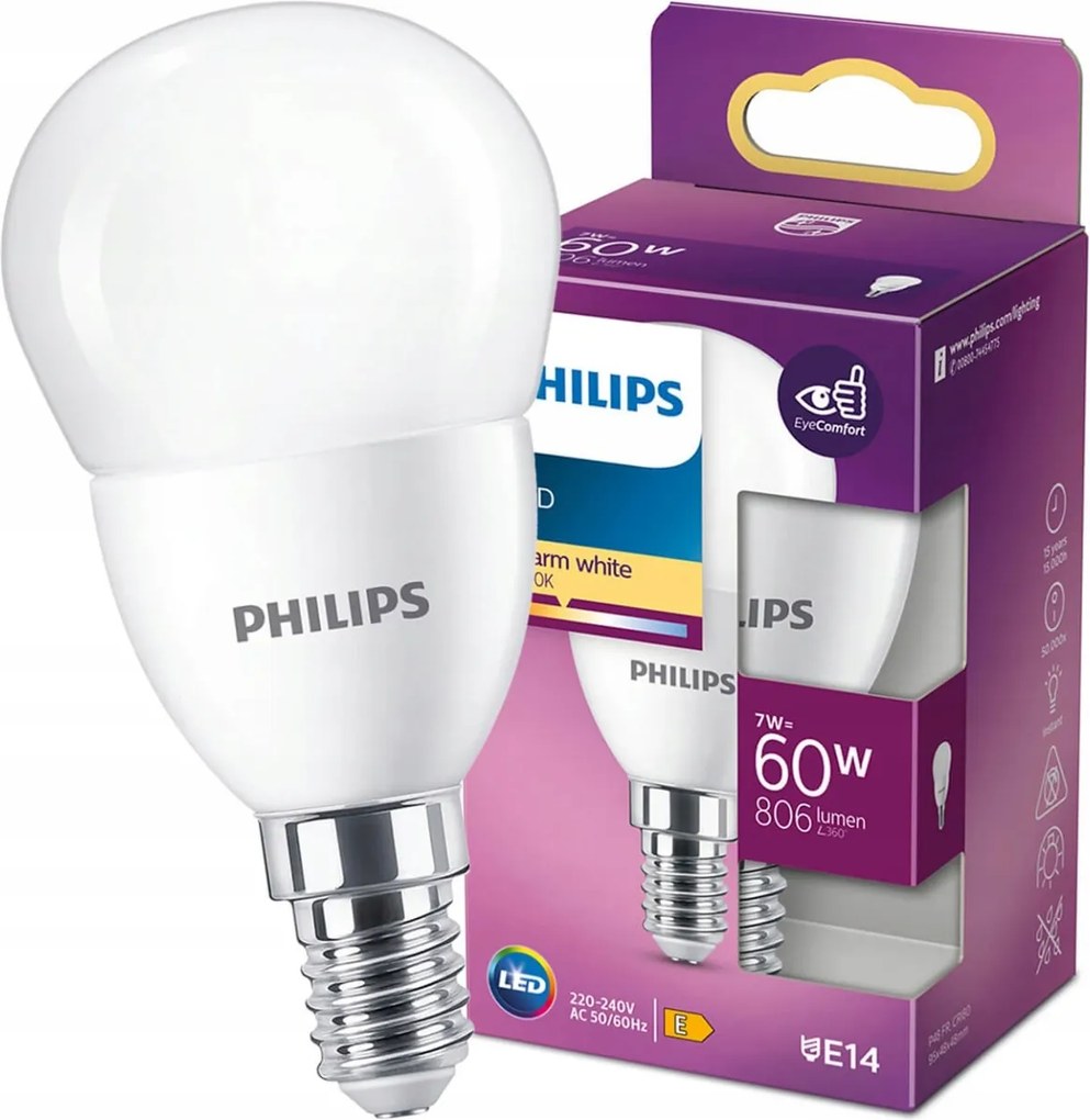Led izzó E14 P48 7W 60W 806lm 2700K Philips