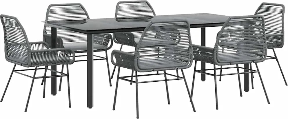 vidaXL 7 részes szürke polyrattan üveg kerti étkezőgarnitúra párnával