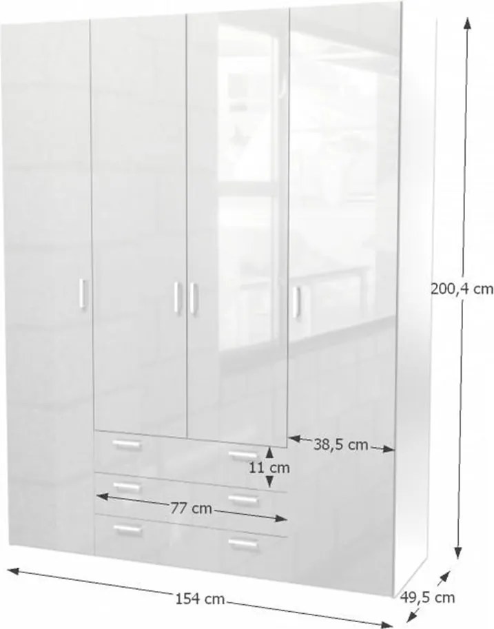 szekrény, 4 - ajtós, fehér extra magasfényű, GWEN 70429