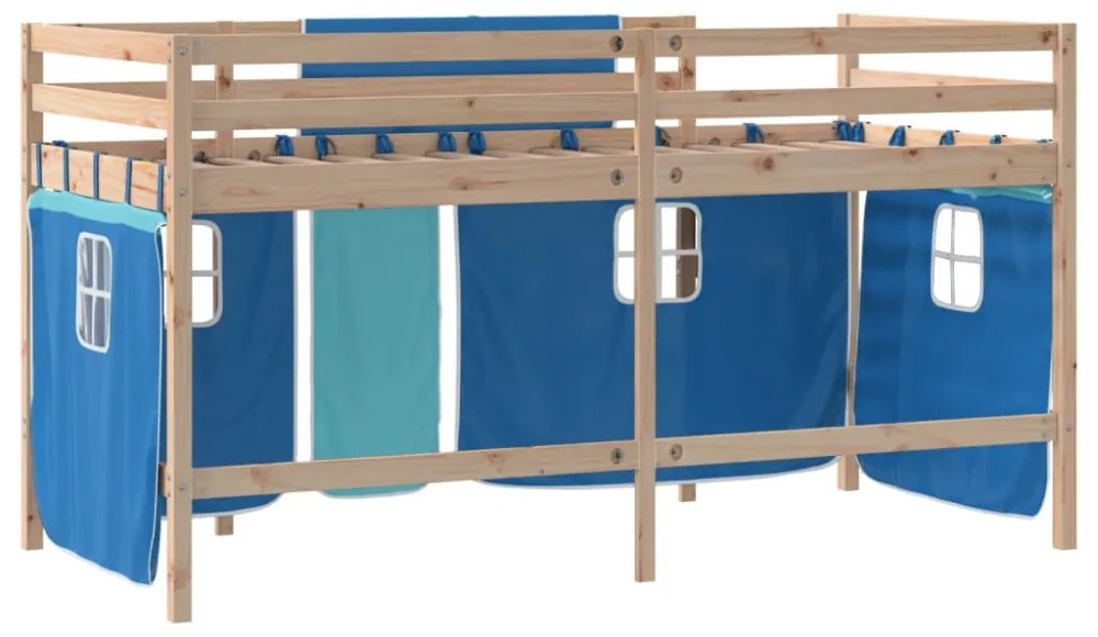 kék tömör fenyőfa gyerek galériaágy függönnyel 90 x 190 cm