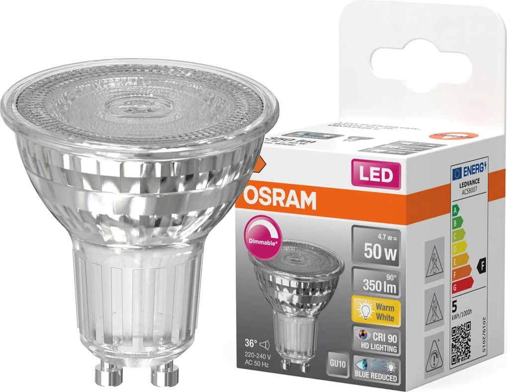 Led izzó PAR16 Reflektor GU10 4.7W 50W 2700K CRI90 36° Tompítható