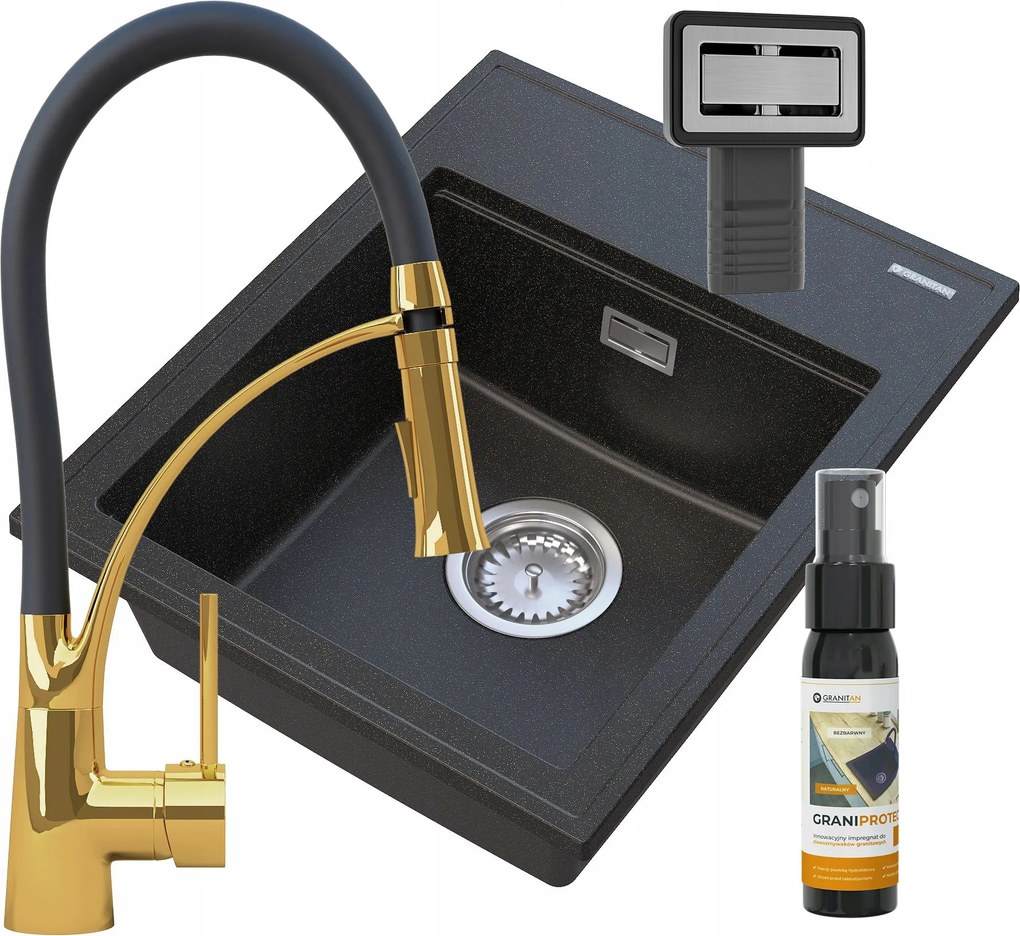 Gránit Mosogató Fekete Csaptelep Arany Alor Szett