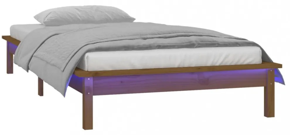 mézbarna tömör fa ágykeret LED világítással 100 x 200 cm