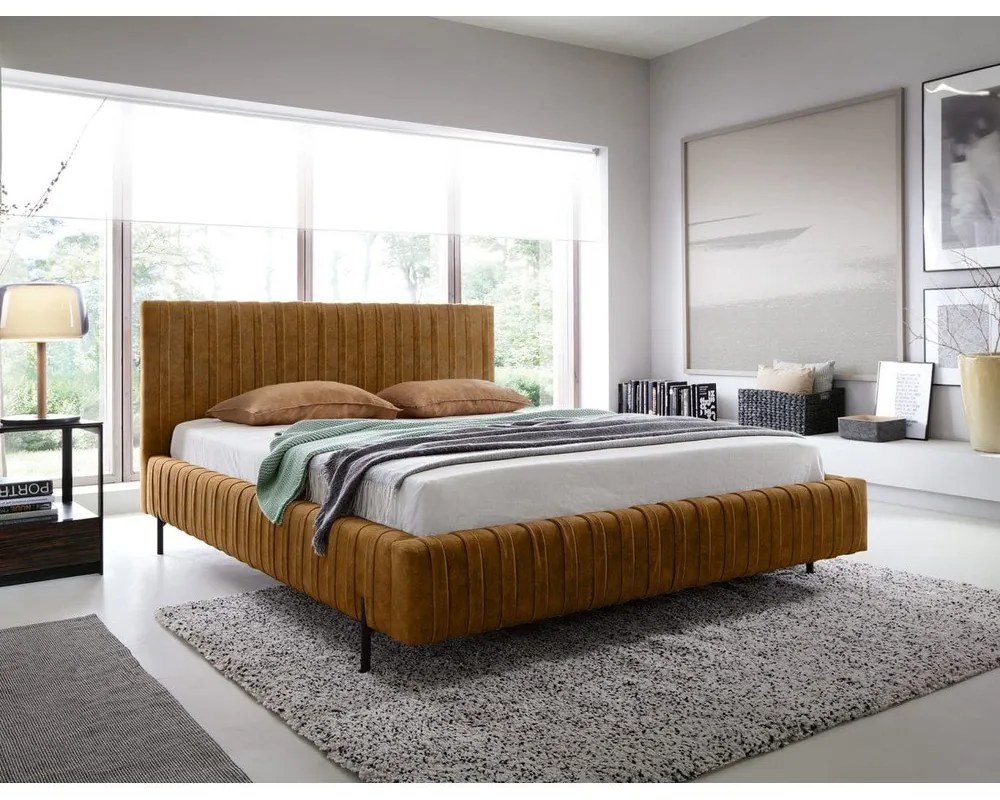 Okkersárga kárpitozott ágyneműtartós franciaágy ágyráccsal 160x200 cm Plissa – ELTAP