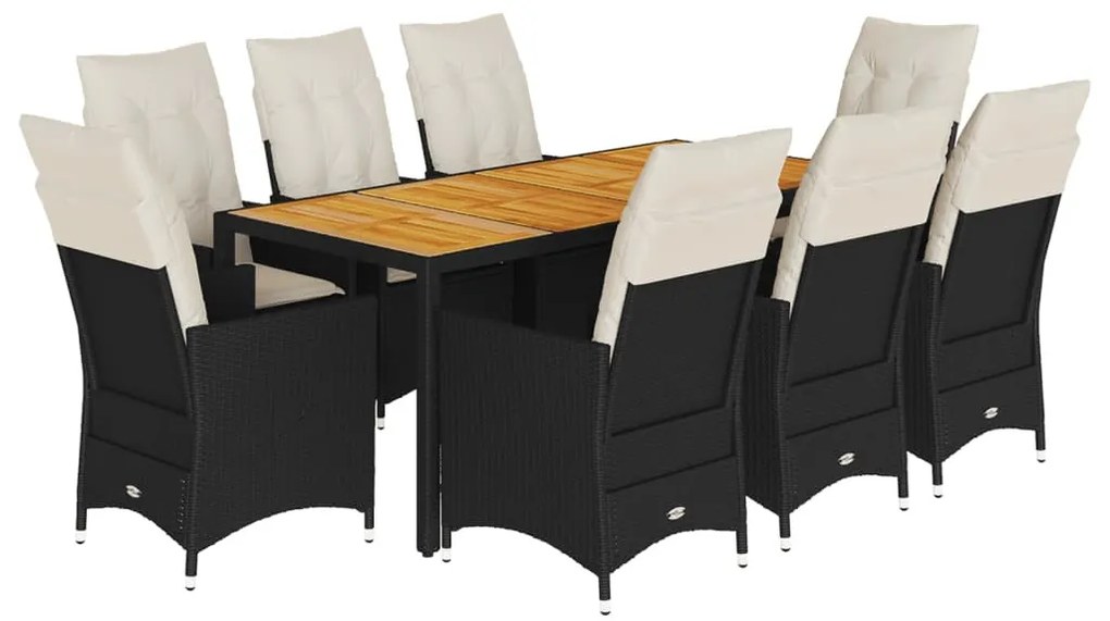 9 részes fekete polyrattan kerti étkezőgarnitúra párnákkal