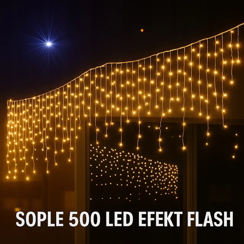 Karácsonyi fényfüzér Jégcsap Led 500 Függöny 23m IP44 Meleg fehér Flash
