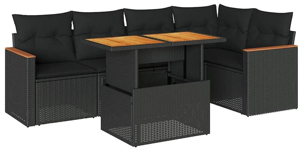 6 részes fekete polyrattan akácfa kerti ülőgarnitúra párnákkal