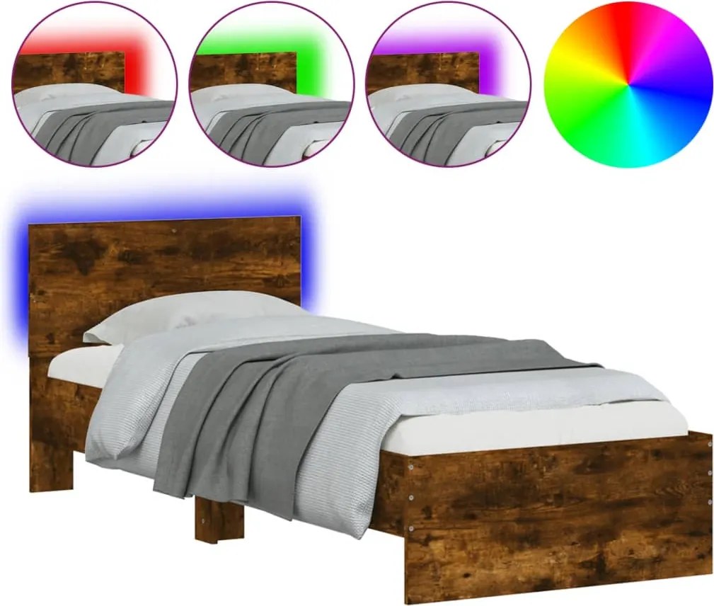 vidaXL füstös tölgy színű ágykeret fejtámlával és LED-ekkel 90x190 cm