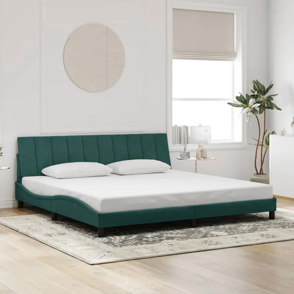 sötétzöld bársony ágykeret LED-világítással 200 x 200 cm