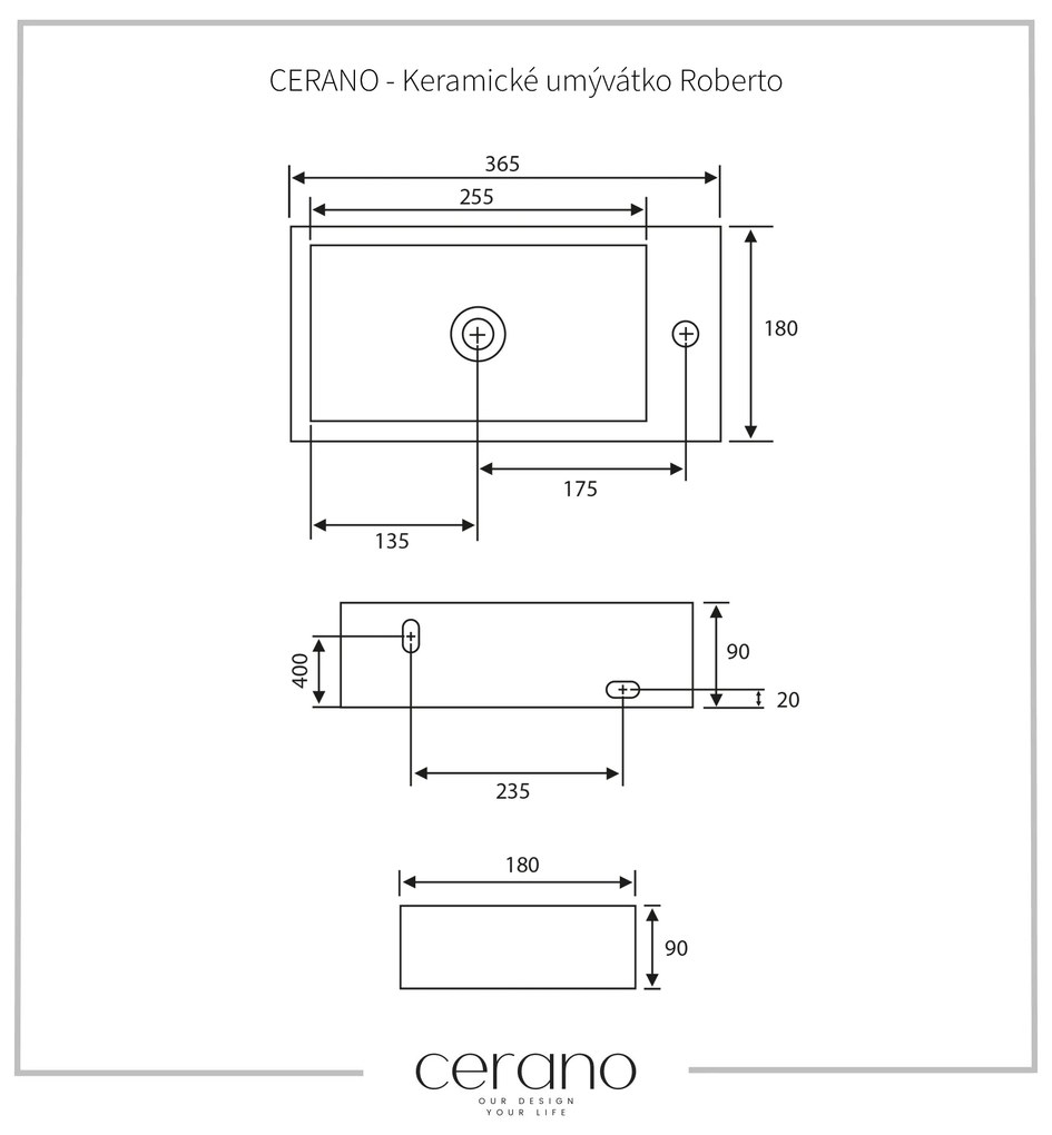 Cerano Roberto, kerámia mosogató 365x180x90 mm, függő bal, fehér fényes, CER-CER-417206L