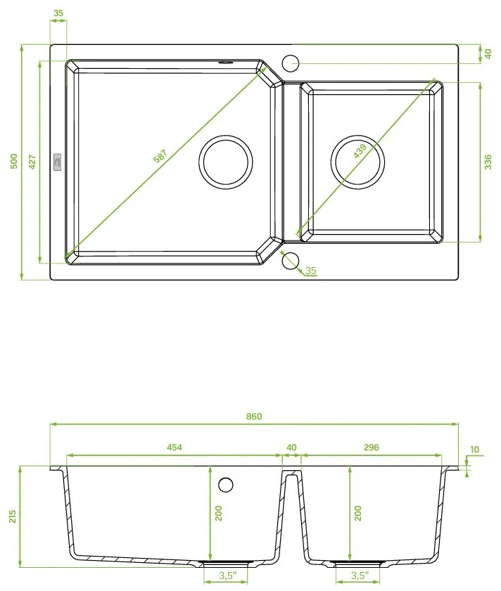 Kuchinox Milos, 2 rekeszes gránit mosogató 860x500x215 mm + szifon, fehér matt, LAV-SPM_6208