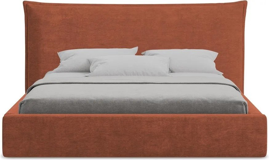 Terrakotta színű kárpitozott ágyneműtartós franciaágy ágyráccsal 160x200 cm Esala – Makamii