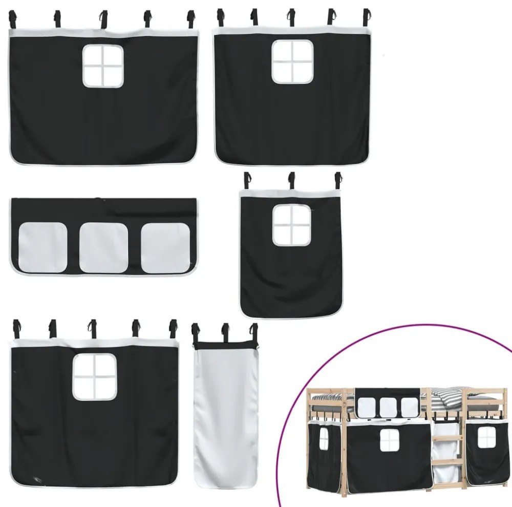 fehér/fekete tömör fenyőfa emeletes ágy függönyökkel 90x190 cm