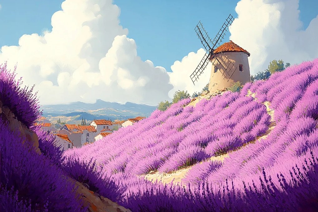 Canvas Vászonkép Franciaország Provence Szélmalom Levendula Hegyek Nyár 60x40