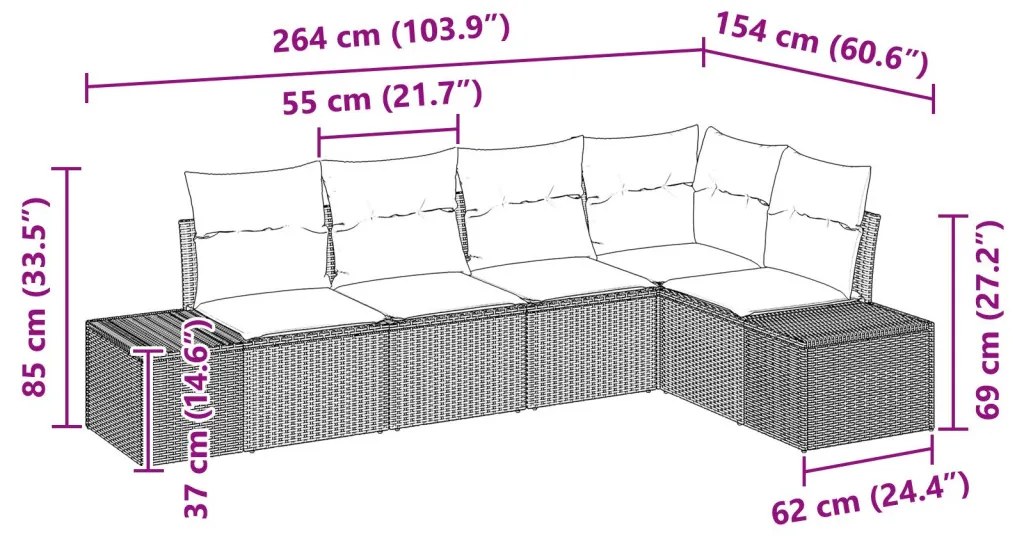 5 darabos kerti kanapé szett párnákkal bézs poly rattan