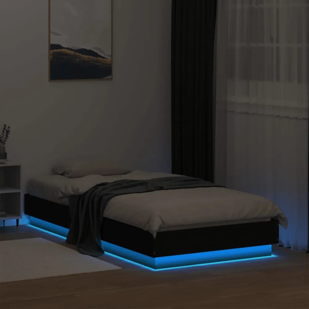 fekete ágykeret LED-világítással 75 x 190 cm
