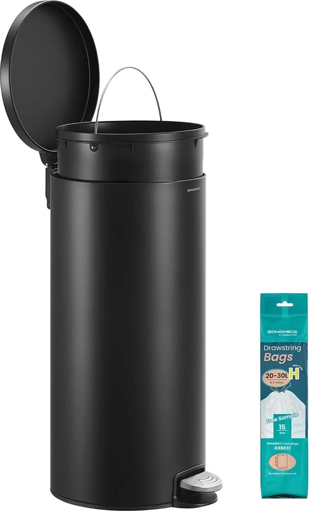 Fém kerek konyhai szemetes, 30 L, pedálos, műanyag belső vödörrel, fekete