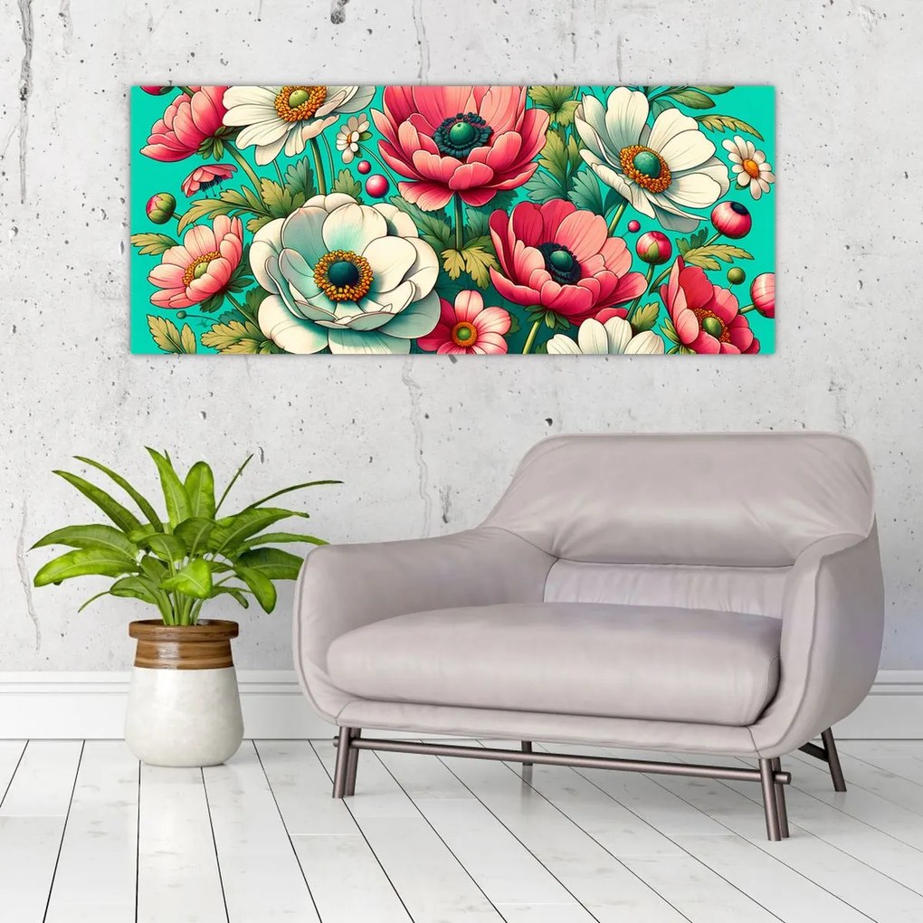Kép - Virágok kék háttéren (120x50 cm)