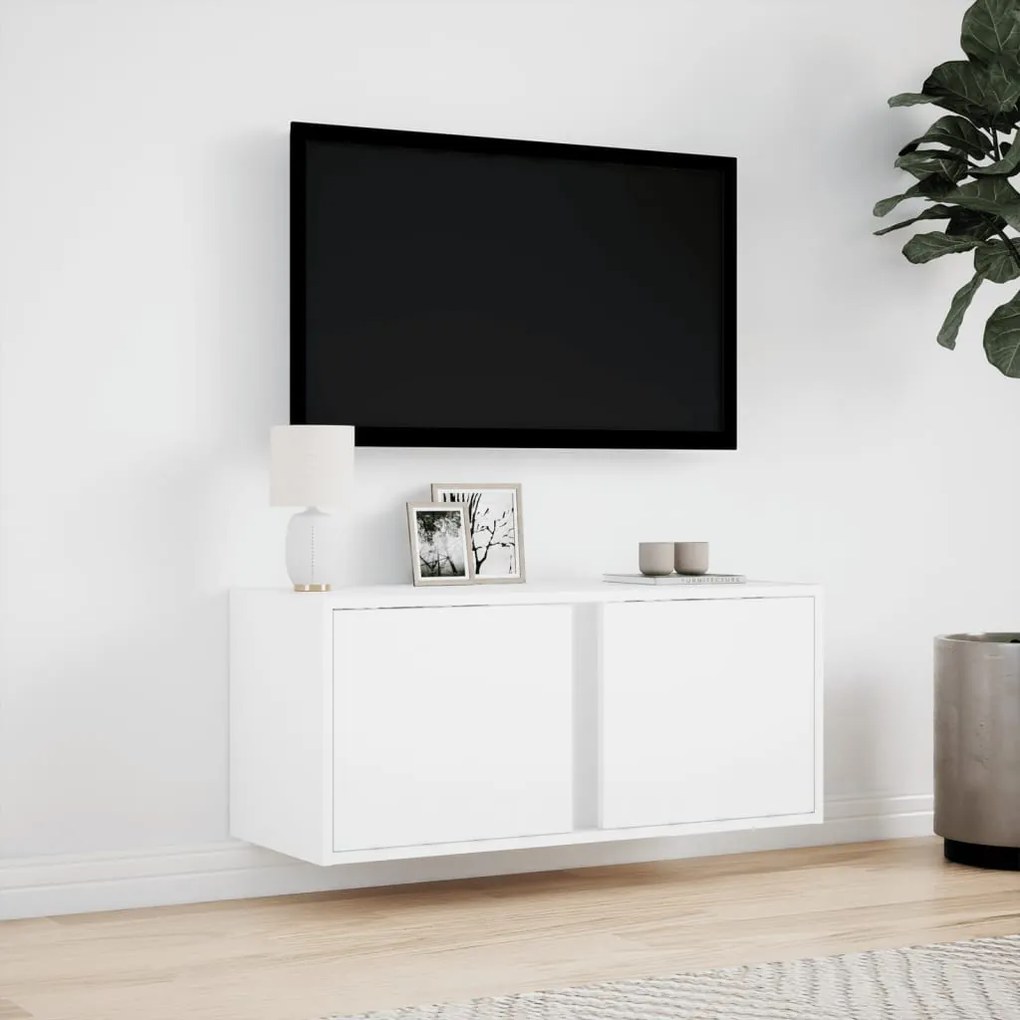 fehér falra szerelhető TV-szekrény LED-lámpákkal 80x31x35 cm