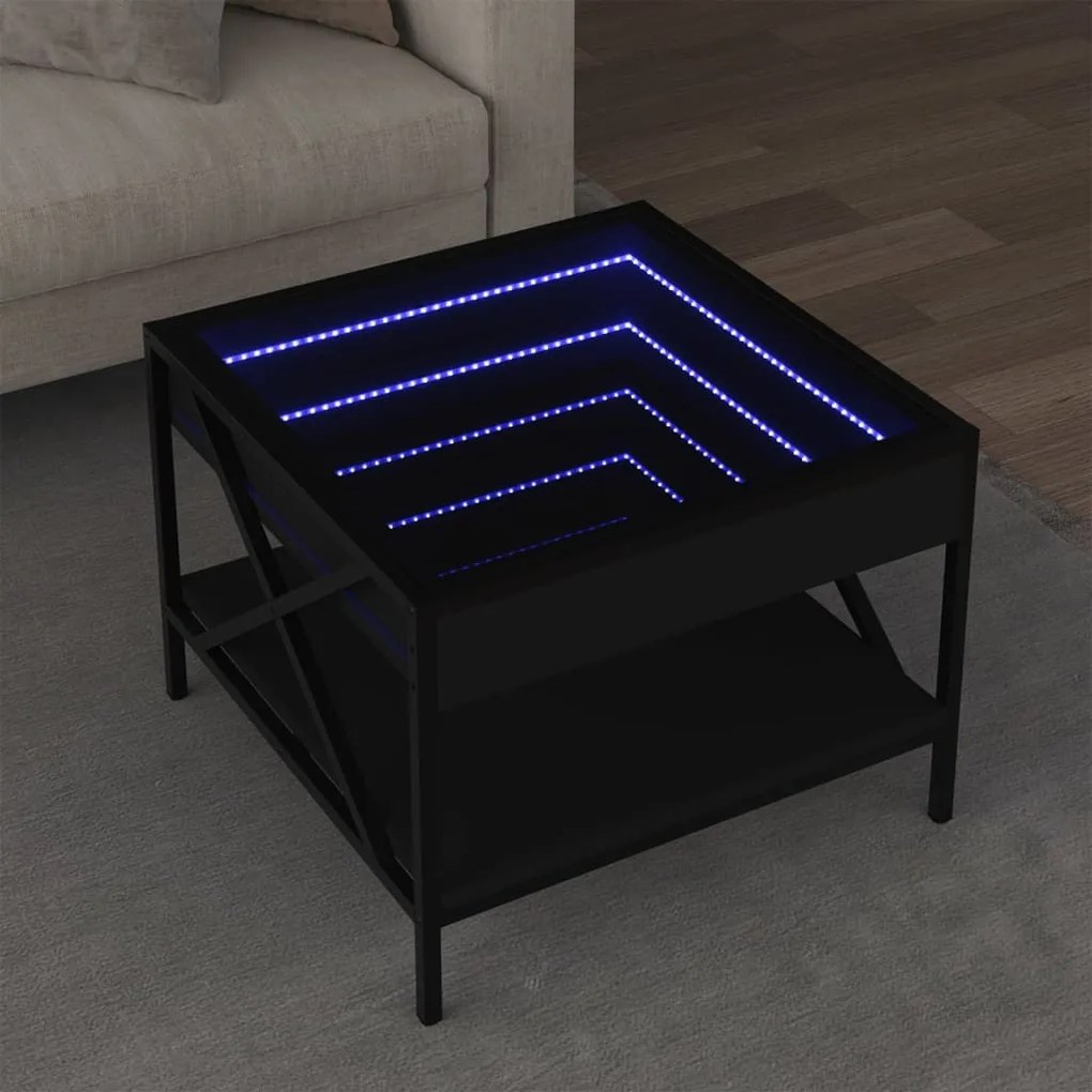 Fekete végtelen hatású LED-es dohányzóasztal 50 x 50 x 38 cm