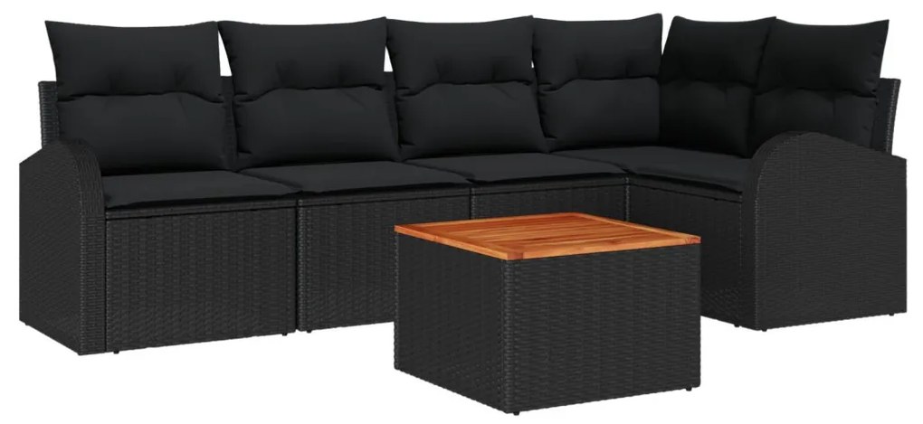 6 Darabos Kert Kanapé Szett Párnákkal Fekete Poli Rattan Akácia, 2-Fős Kert Kanapé Tárolóval és Párnákkal Fekete Poli Rattan