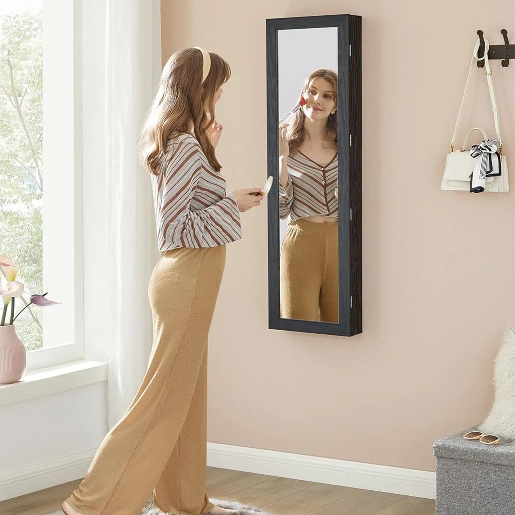 Fali ékszerszekrény, tükrös szekrény 6 led izzóval, fekete