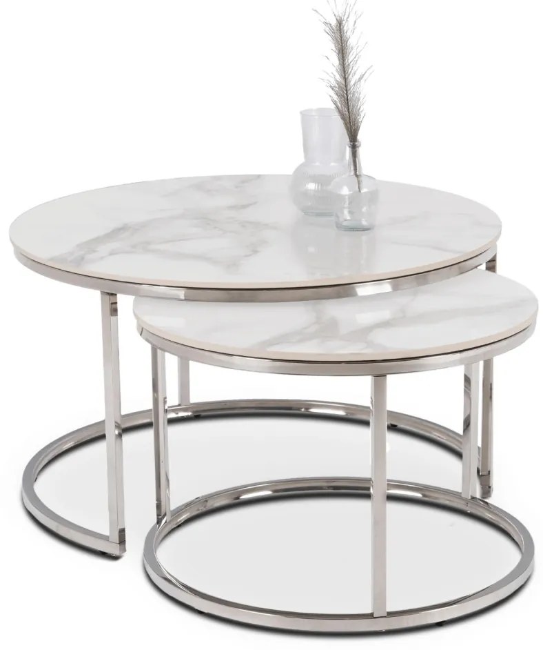 Fehér Márvány/Ezüst Dohányzóasztal Szett. AMARA MAX