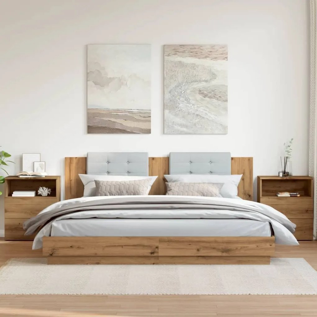 2 db kézműves tölgy színű szerelt fa éjjeliszekrény 50x32x60 cm