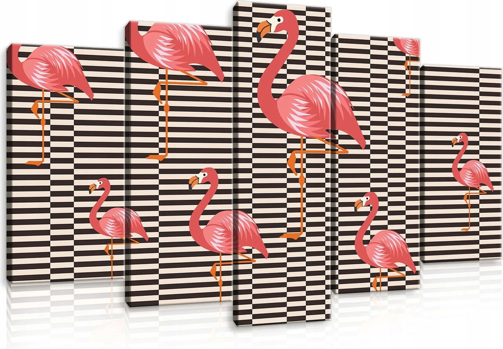 Vászonkép 100x60 Flamingók rózsaszín madarak csíkok modern trópus dekoráció