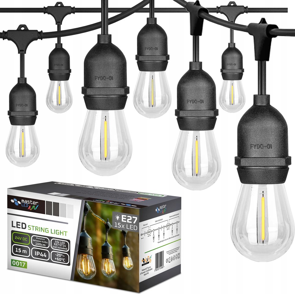 Kerti fényfüzér 15M 15X Led izzó E27 24V vízálló kábel