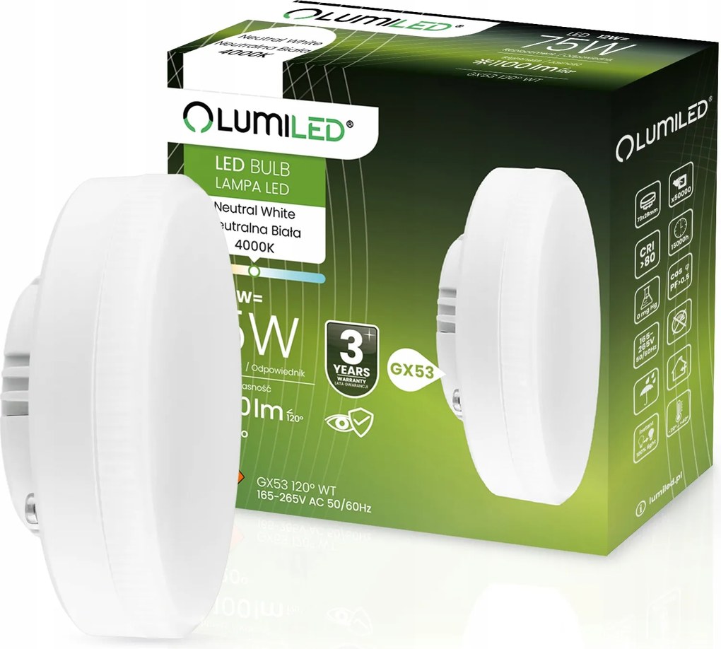 Led izzó GX53 12W 75W 1100lm 4000K Semleges 120° Erős Fényes Hatékony