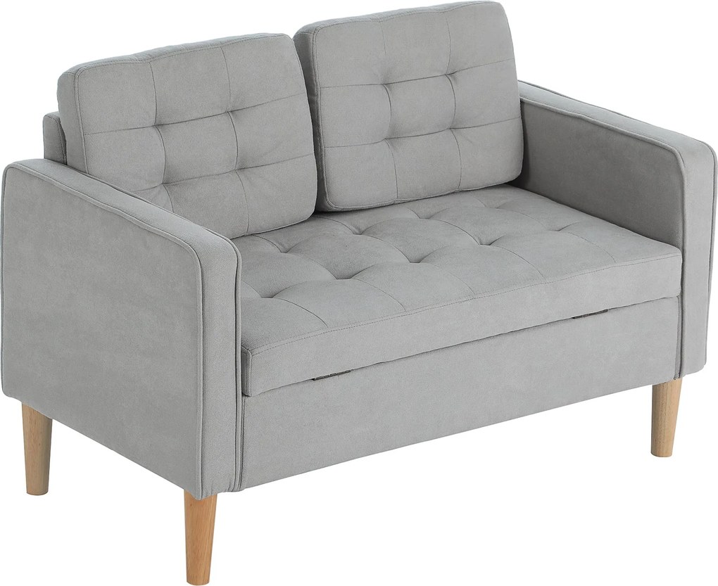 HOMCOM Kétfős Kanapé, Tárolóhellyel, Fából készült Lábakkal, Párnázott Velúr Hatású Kanapé Nappaliba és Hálószobába, 117x62x78 cm, Világosszürke | Aos