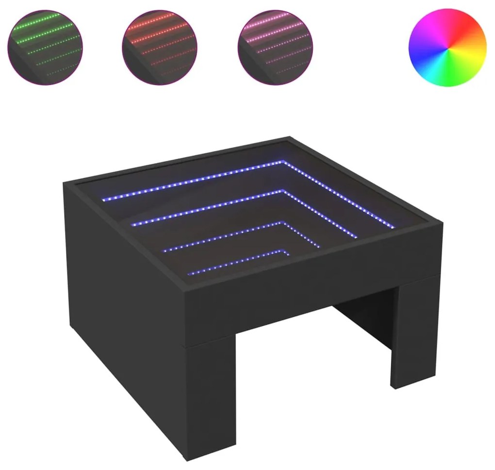 fekete végtelen hatású LED-es dohányzóasztal 50 x 50 x 30 cm