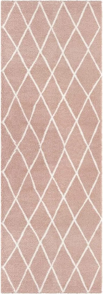 Rózsaszín-krémszínű vastag shaggy szőnyeg, boho mintás futószőnyeg 80x200cm