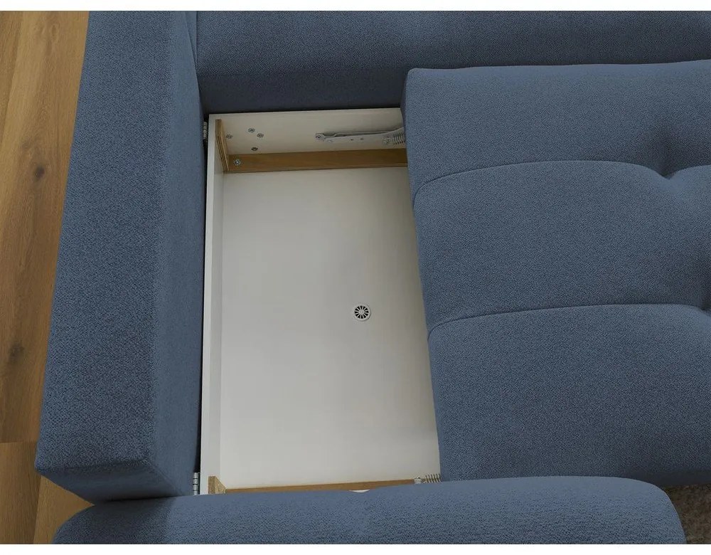 Kék zsenília kinyitható-tárolóhelyes sarokkanapé (jobb oldali-heverő résszel) Roxelane – Bobochic Paris