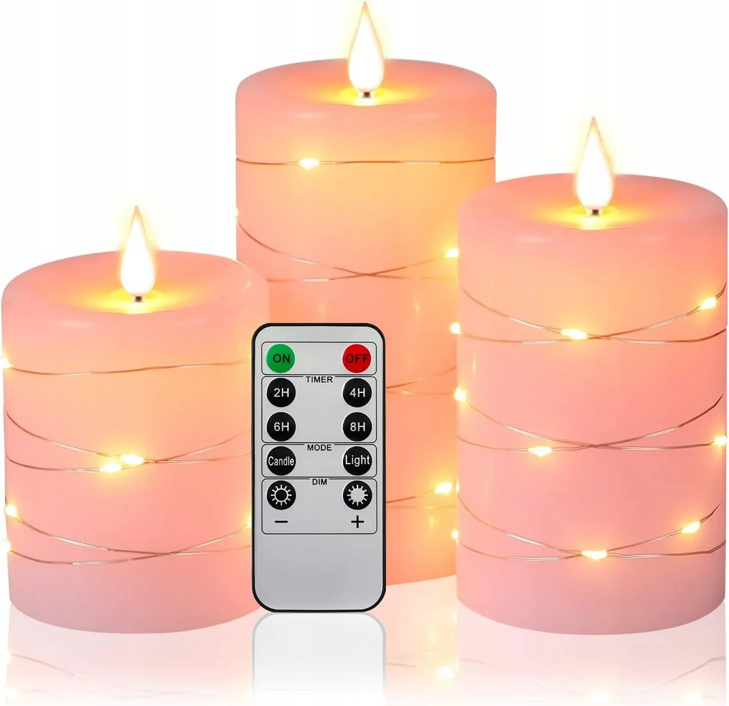 LED-es gyertyák fénylánccal, 3 db elemes gyertya távirányítóval