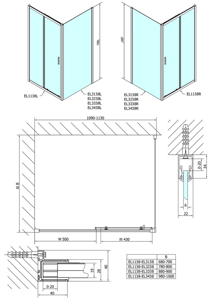 Polysan Polysan, EASY négyszögletes zuhanyparaván 1100x800mm L/P változat, Téglaüveg, EL1138EL3238