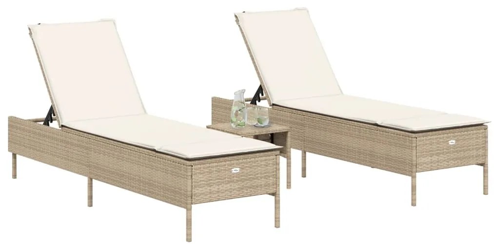 2 db bézs polyrattan napozóágy párnával
