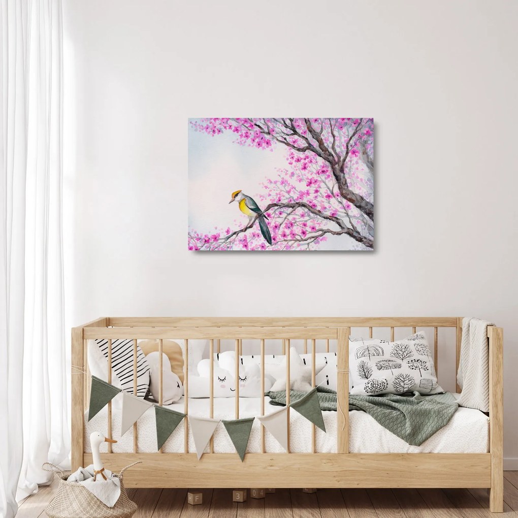 Kép - Madár egy fán rózsaszín virágokkal (üvegen) (70x50 cm)